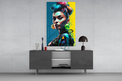 Colorful pop art portrait with teal and yellow background displayed above modern gray console table with black lamp and decorative accessories.