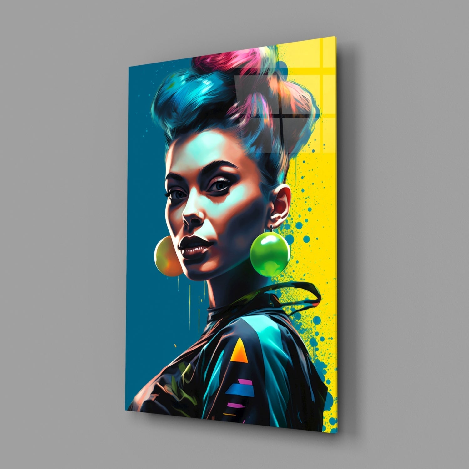 Modern pop art canvas featuring a stylized portrait with colorful hair, bold teal and yellow background, and vibrant paint splatter effects.
