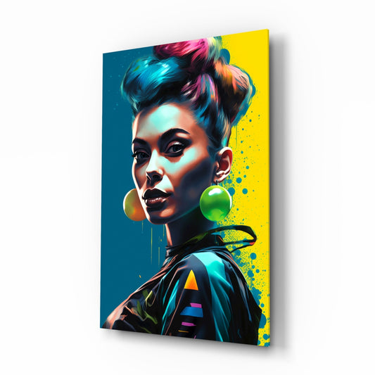 Colorful pop art portrait of a woman with upswept hair and large green glass earrings against teal and yellow background.