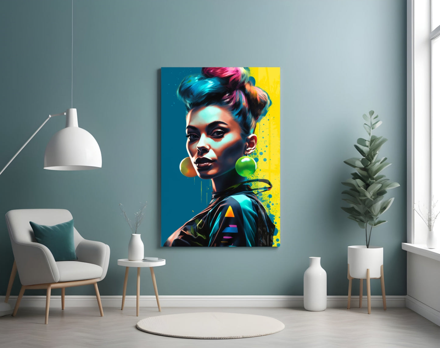 Vibrant pop art portrait canvas with blue and yellow background displayed on teal wall above modern chair.