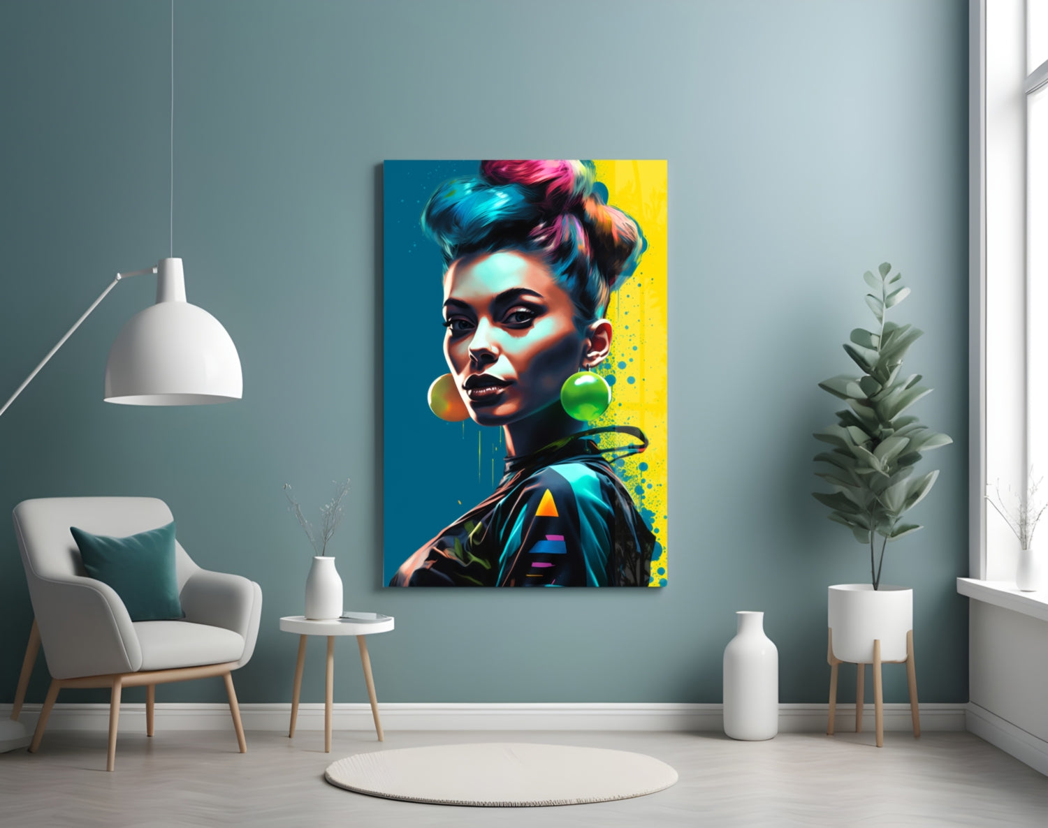 Vibrant pop art portrait canvas with blue and yellow background displayed on teal wall above modern chair.