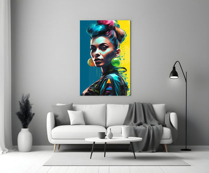 Colorful pop art portrait with teal and yellow background displayed above white sofa in modern living room setting.