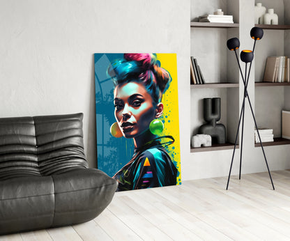 Modern living room interior with colorful pop art portrait canvas on white wall, gray leather sofa, shelving unit, and tripod floor lamp with black spherical heads.