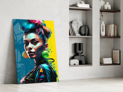 Colorful pop art portrait canvas leaning against white wall beside floating shelves with decorative objects.