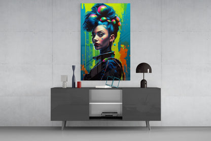 Vibrant pop art glass wall panel featuring colorful portrait of woman with upswept hair and rainbow spheres, displayed above modern console table.