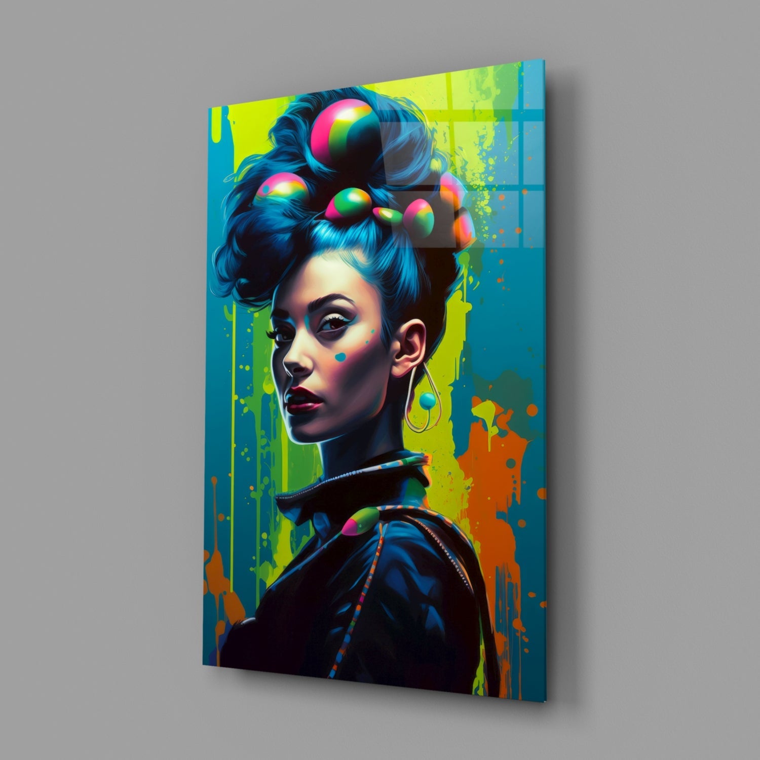 Angled view of glass wall art featuring a woman's profile with vibrant neon hair spheres against colorful dripping paint background in yellow, blue, and orange.