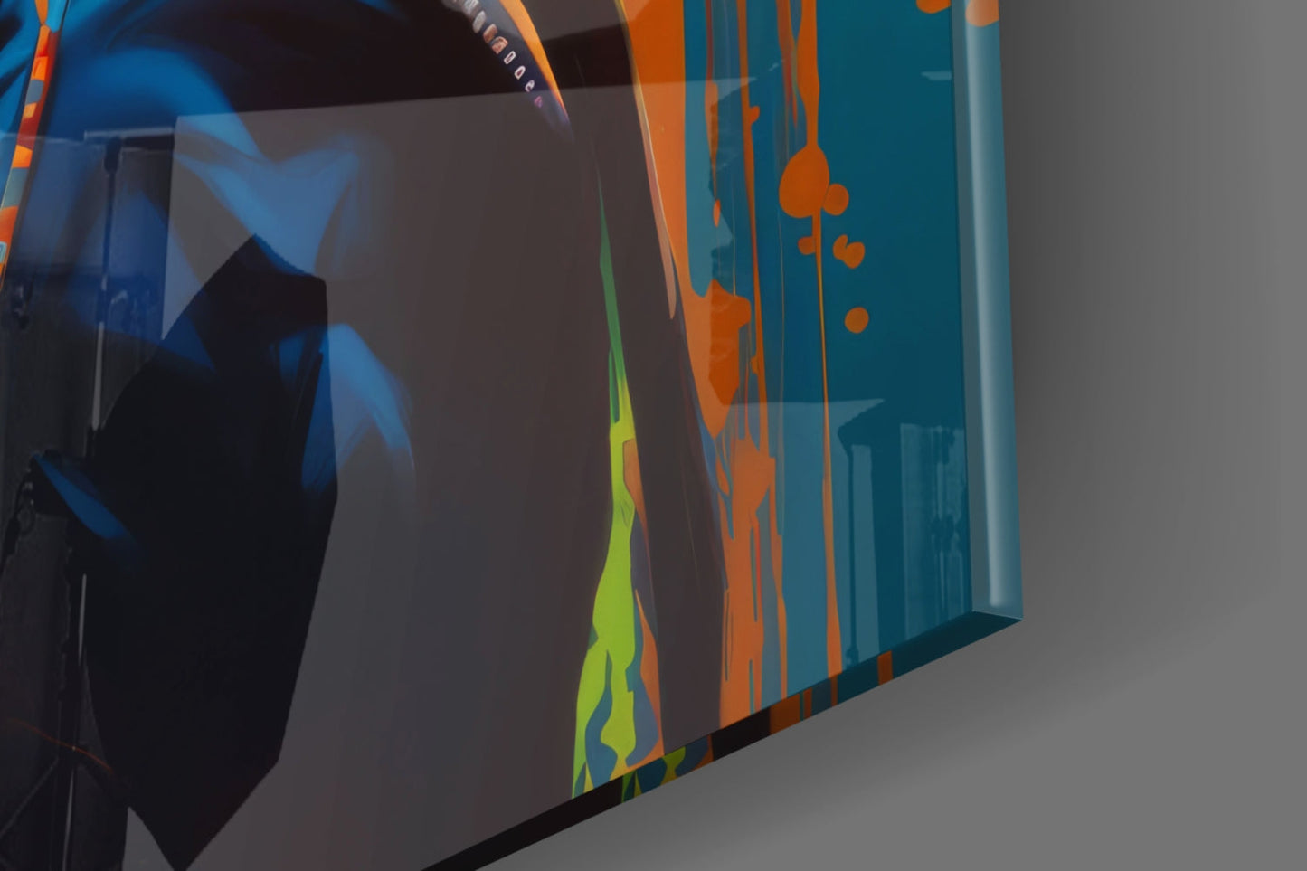 Angled perspective of glass wall art panel displaying blue, orange, yellow, and teal abstract design with flowing organic shapes and hanging elements.