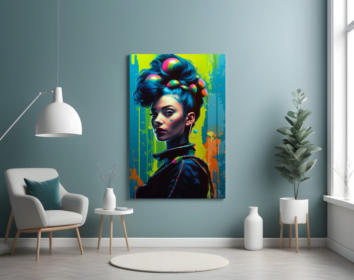 Vibrant pop art glass wall panel featuring a woman with colorful spheres in her upswept hair, displayed in a modern living room setting.