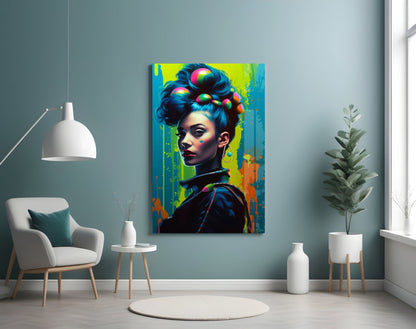 Vibrant pop art glass wall panel featuring a woman with colorful spheres in her upswept hair, displayed in a modern living room setting.