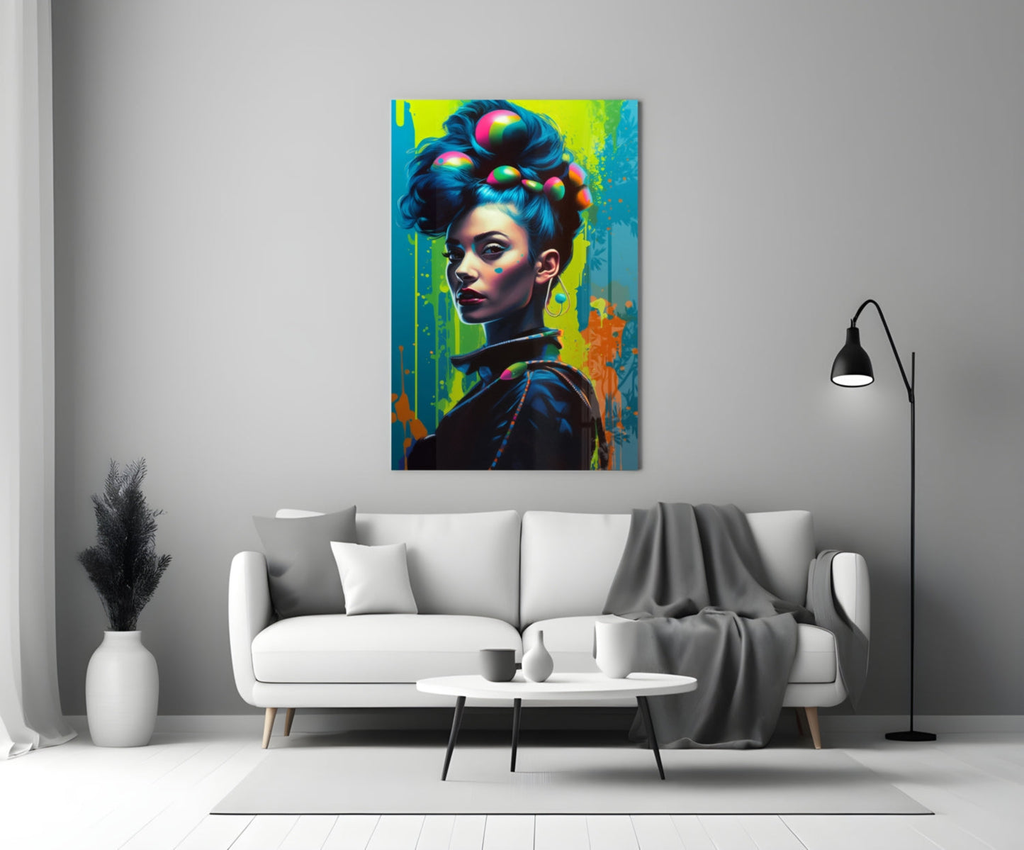 Colorful glass wall art featuring a portrait of a woman with upswept hair and rainbow highlights displayed above a white sofa.