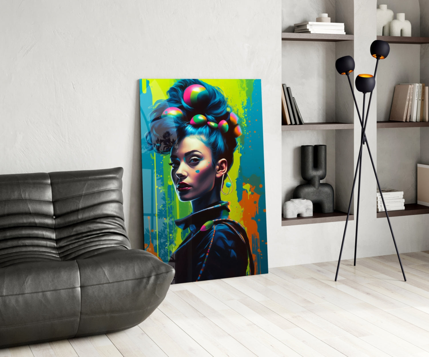 Vibrant pop art glass panel featuring a woman with colorful hair and sunglasses displayed in modern living room setting.
