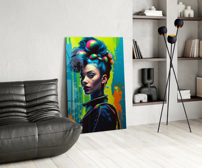 Vibrant pop art glass panel featuring a woman with colorful hair and sunglasses displayed in modern living room setting.