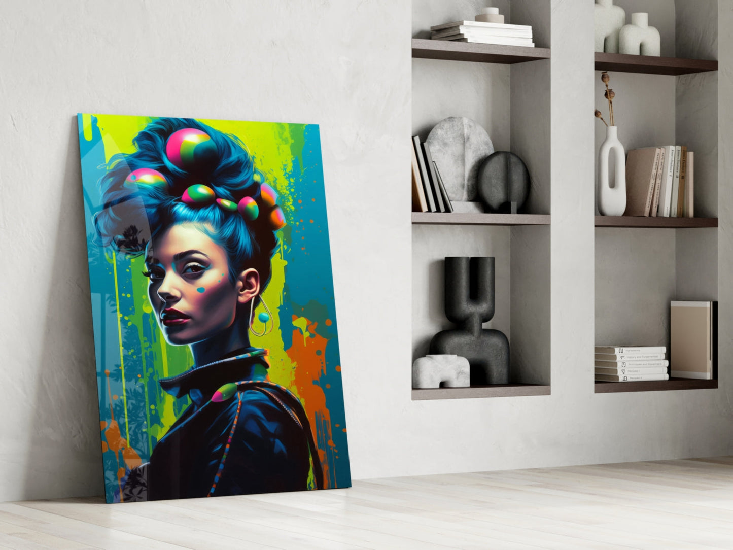 Vibrant pop art glass canvas leaning against white wall displays colorful woman's portrait with neon hair and paint splashes.