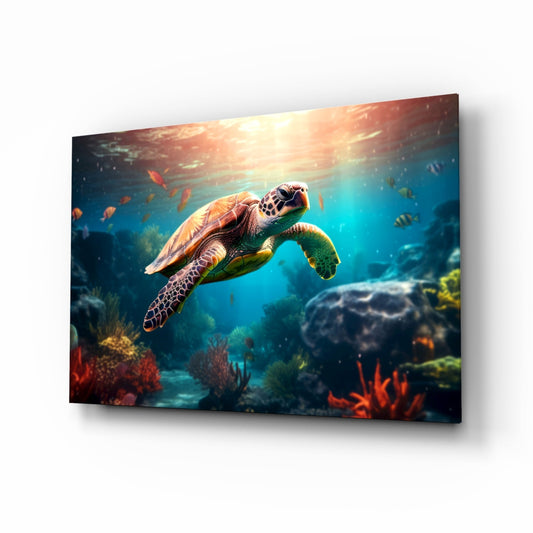 Sea turtle glass wall art displayed at an angle, showing vibrant underwater scene with coral and sunlight filtering through blue water.