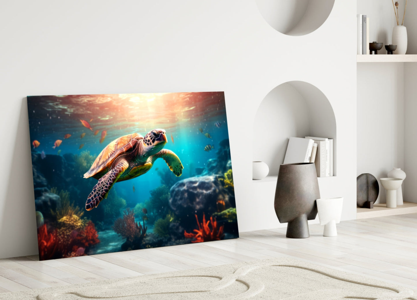 Sea turtle glass wall art leaning against white wall in minimalist room setting with sand and decorative objects.