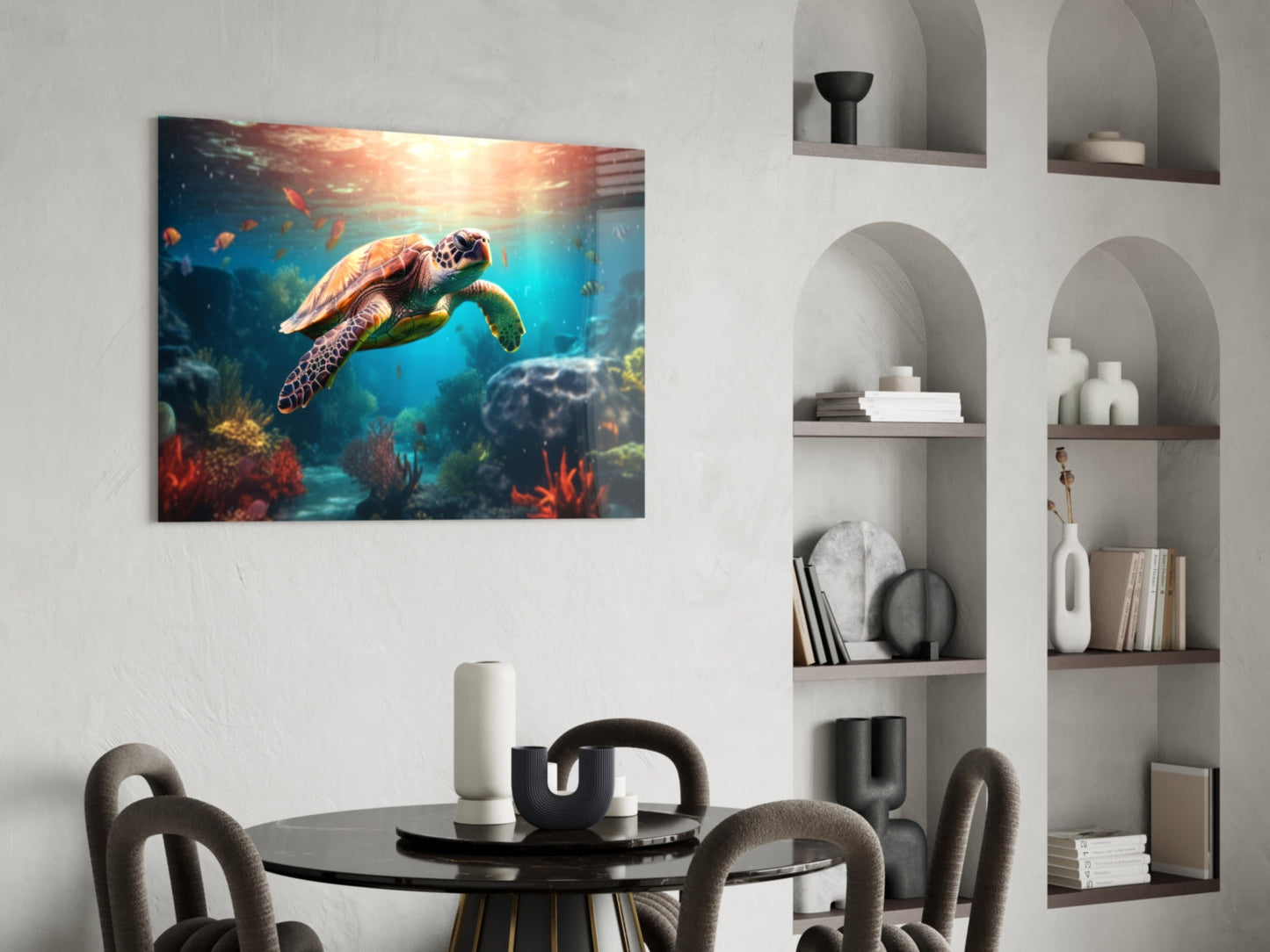Sea turtle glass wall art displaying underwater coral reef scene with sunlight filtering through blue water, hung above round black dining table with gray chairs.