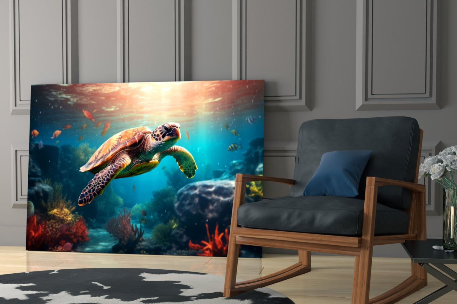 Sea turtle glass wall art displayed in modern living room with wooden chair, showing vibrant underwater coral reef scene with blue water and sunlight.