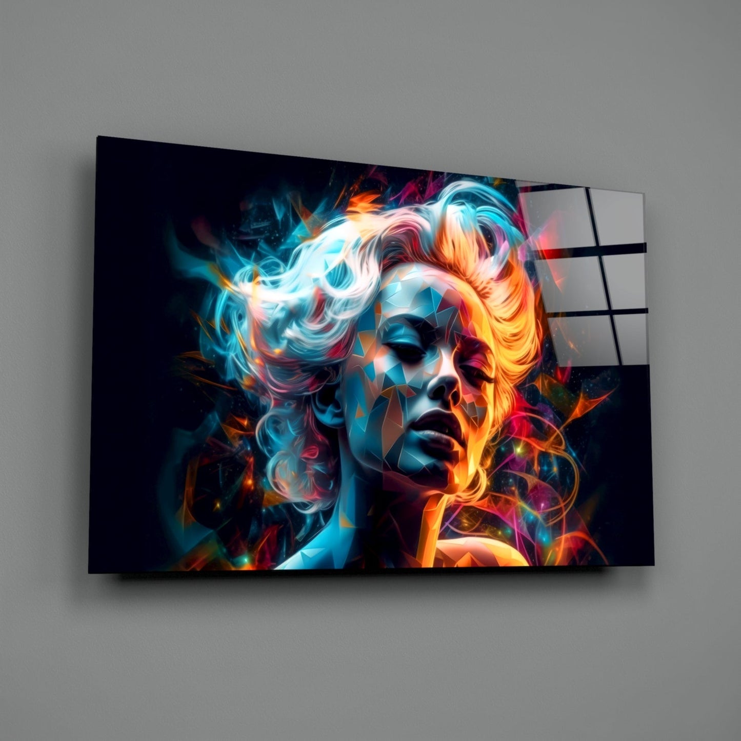 Glass wall art panel displaying a colorful neon portrait of a woman's face with blue, orange, and pink light effects against dark background.