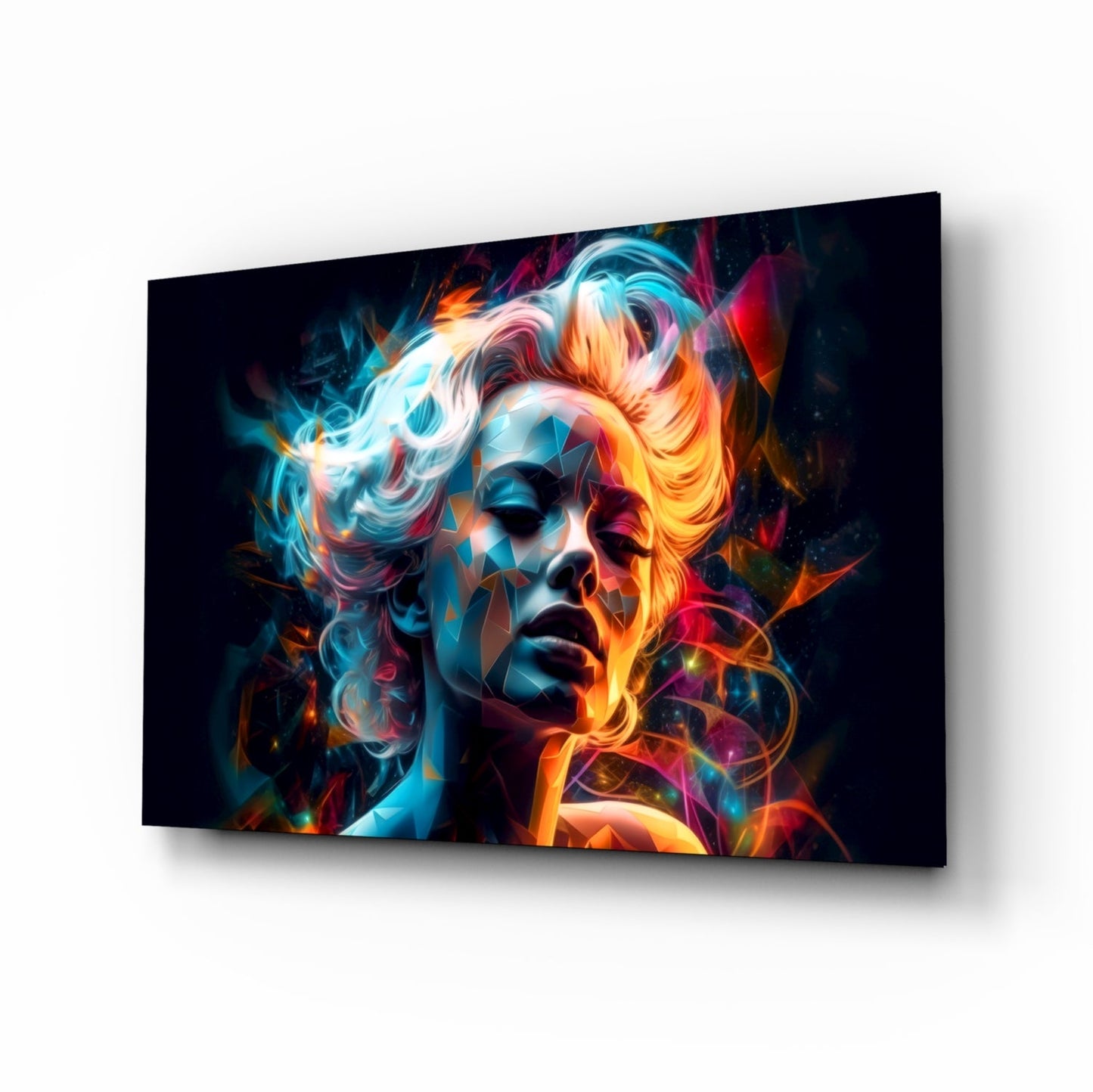 Angled perspective of glass wall art featuring a neon-lit sculptural face with vibrant blue, orange, and pink light effects on black background.