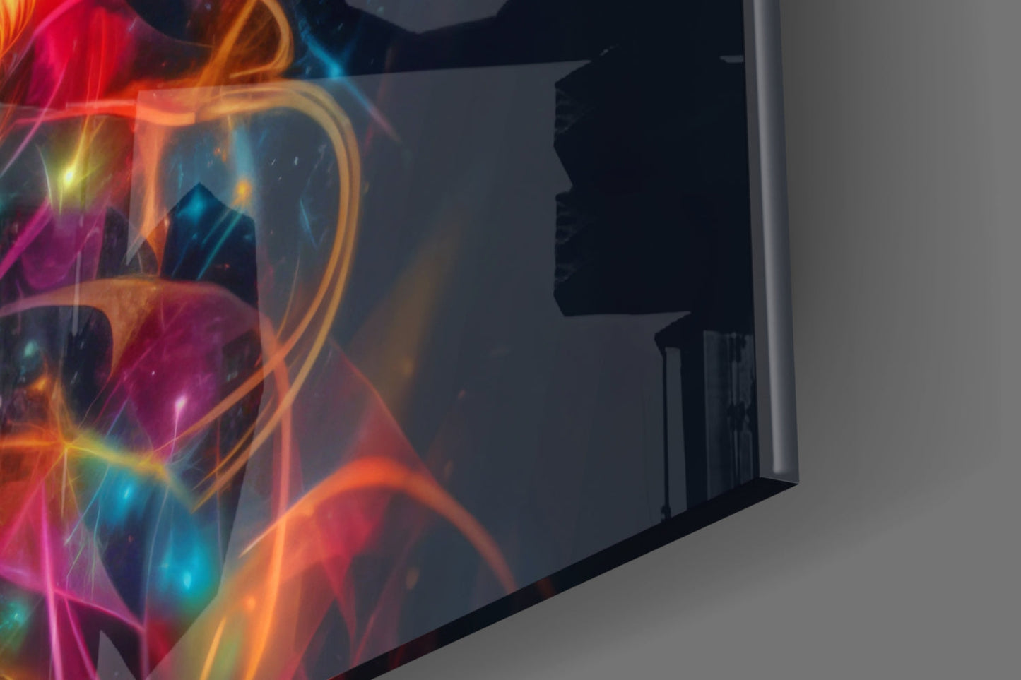 Colorful glass wall art panel with vibrant red, orange, yellow, and blue neon-style swirling light patterns displayed at an angled perspective.