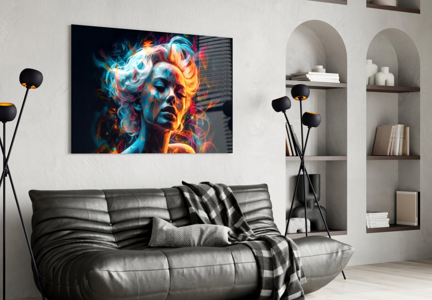 Modern living room interior with colorful neon-lit portrait glass wall art above a dark leather sofa.