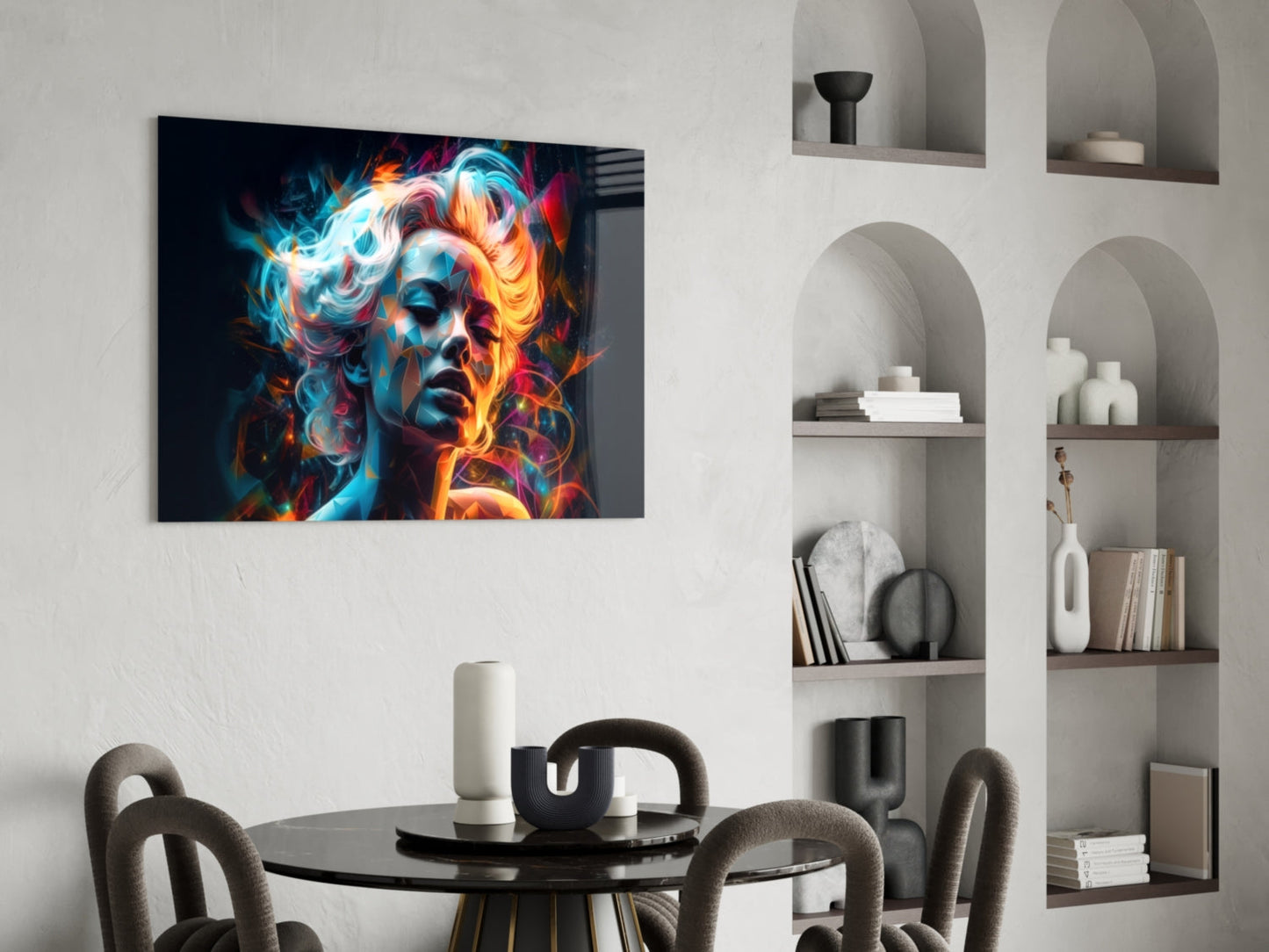 Colorful neon portrait of a woman with blue, orange, and pink lighting effects displayed on glass above a modern dining table.