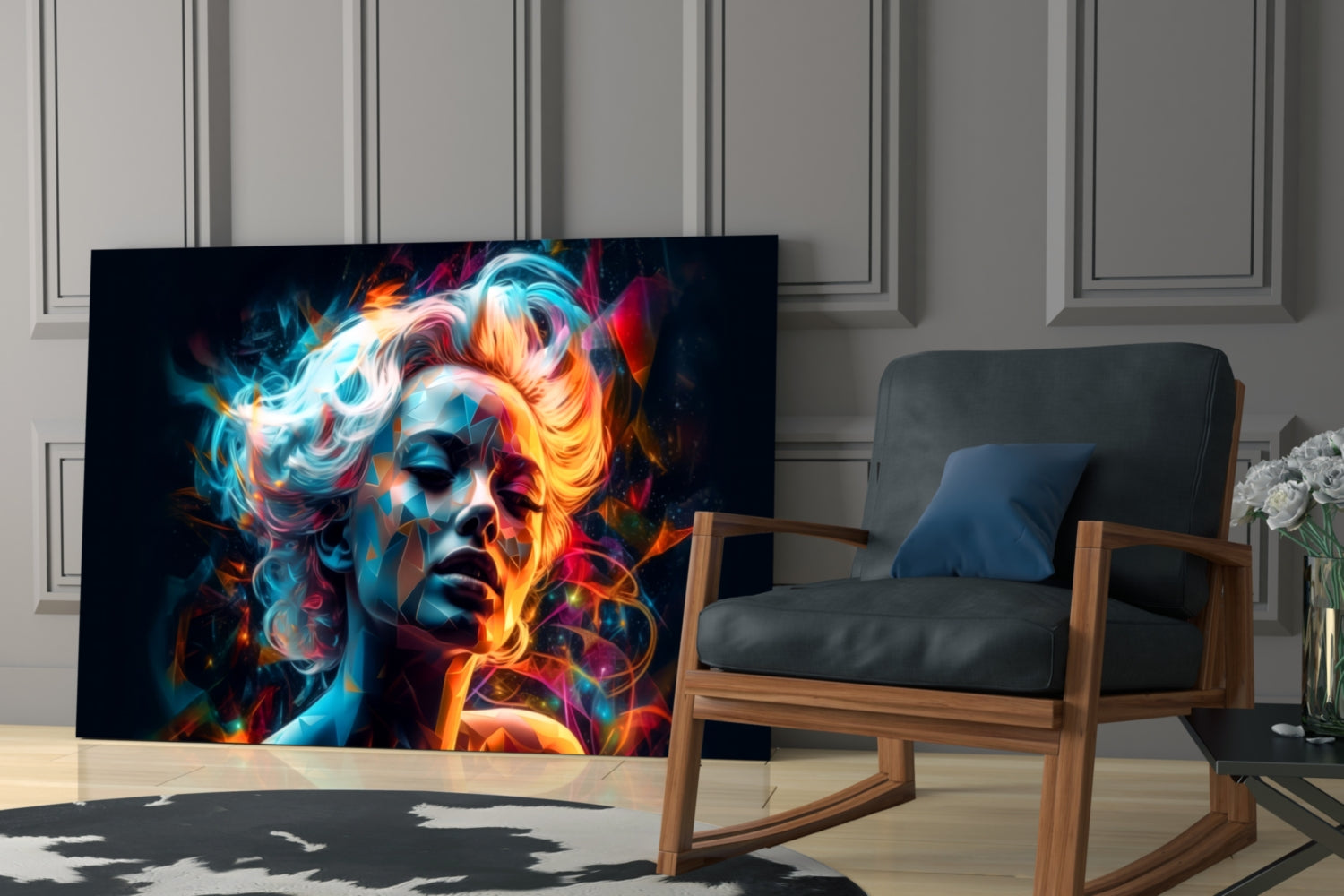 Vibrant glass wall art displaying neon-lit portrait with blue, orange, and red glowing effects in modern room setting.