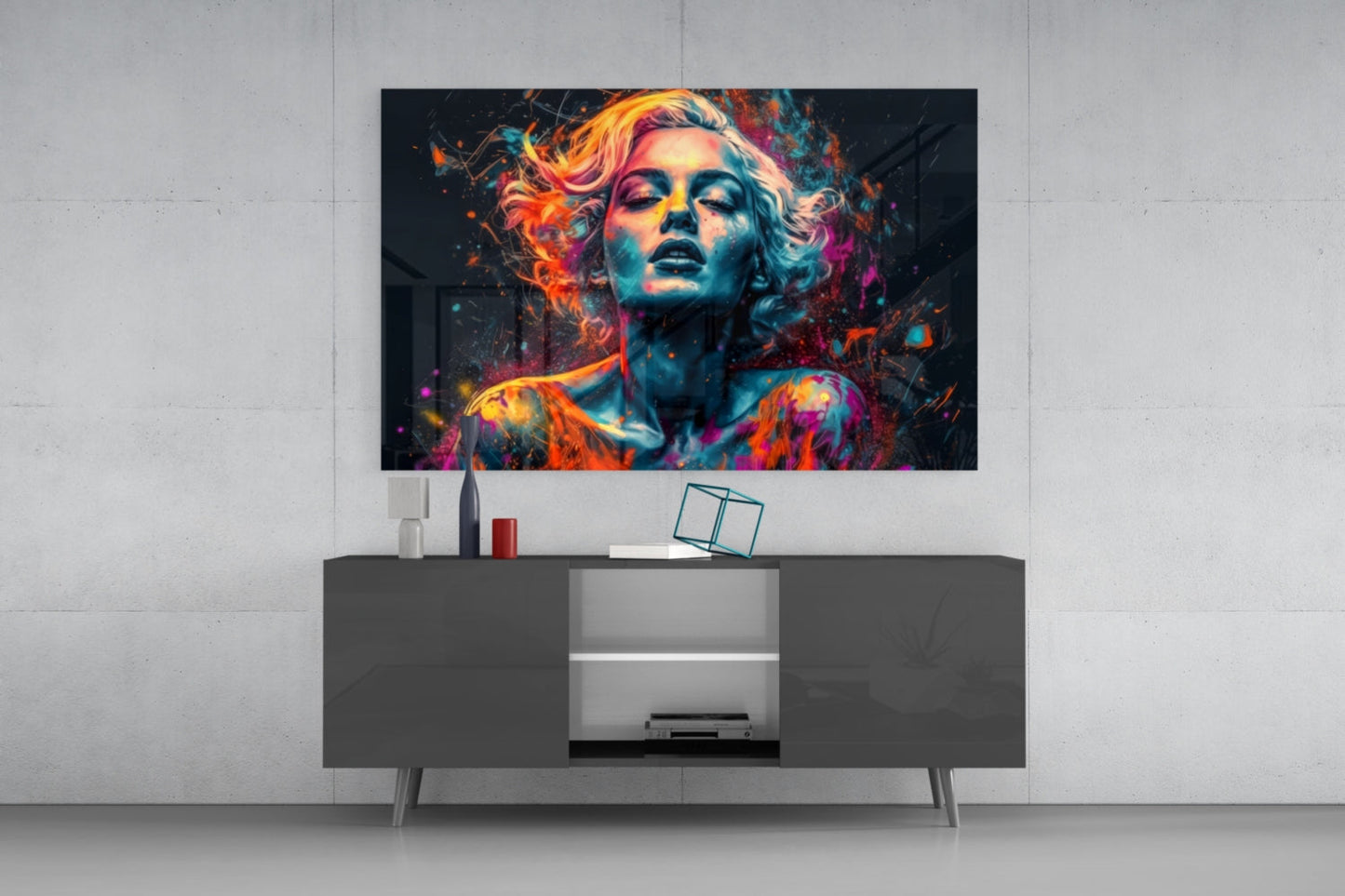 Colorful abstract portrait with vibrant neon colors displayed on wall above dark modern TV console in minimalist room setting.