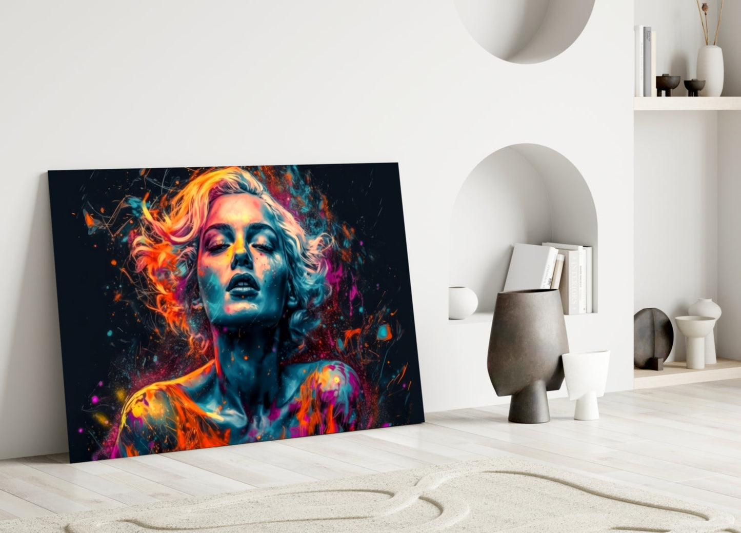 Vibrant colorful glass art depicting an abstract female portrait with neon orange, pink, and blue tones, leaning against a white wall in a minimalist room setting.