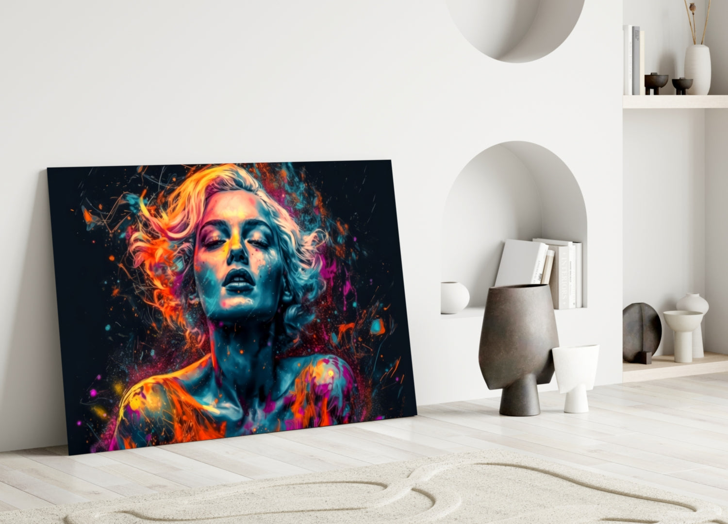 Vibrant colorful glass art depicting an abstract female portrait with neon orange, pink, and blue tones, leaning against a white wall in a minimalist room setting.