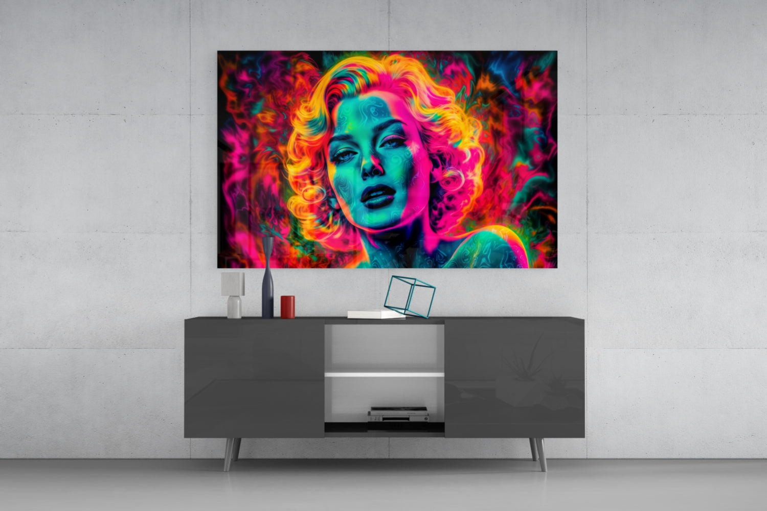 Vibrant neon pop art portrait with cyan, magenta, and yellow tones mounted on white wall above gray media console.