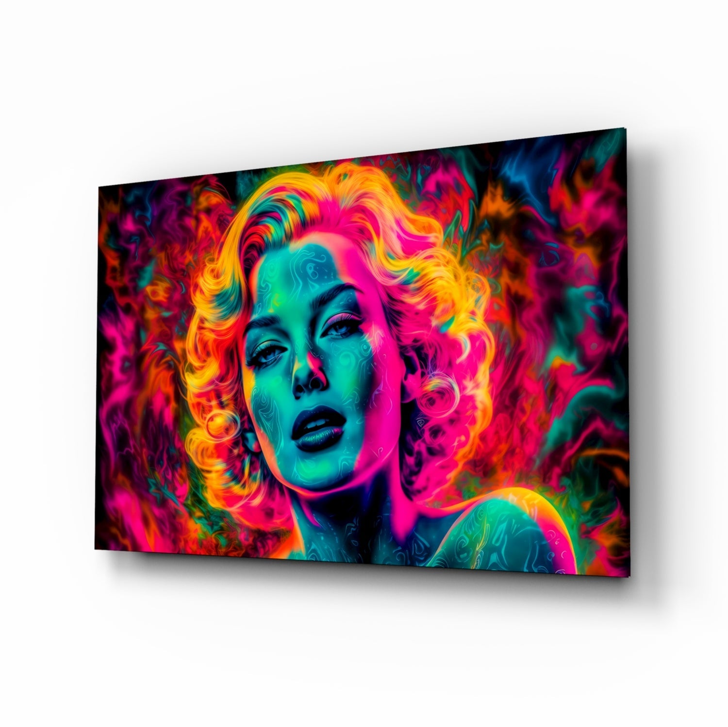 Angled perspective of vibrant neon pop art glass wall panel featuring colorful portrait with magenta, cyan, yellow, and orange tones.