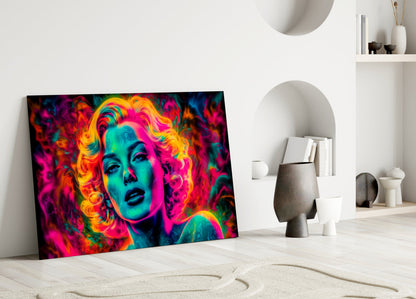 Colorful pop art portrait glass panel leaning against white wall in minimalist interior setting.