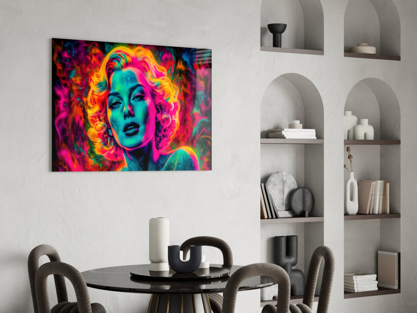 Vibrant neon pop art portrait with cyan, magenta, and yellow tones displayed above a modern dining table with curved chairs and white shelving.