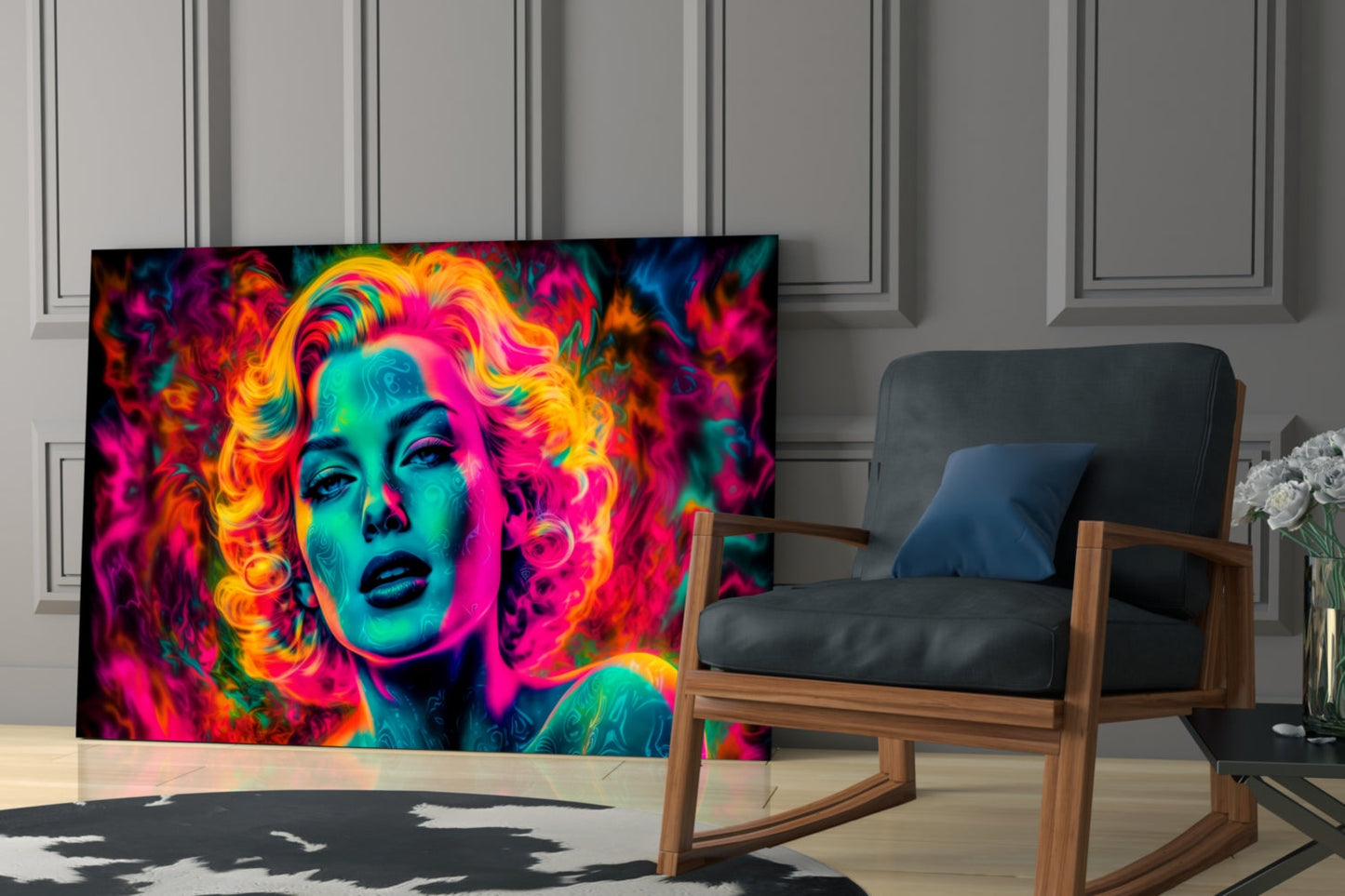 Vibrant neon pop art portrait displayed on glass wall art in modern living room with wooden chair.