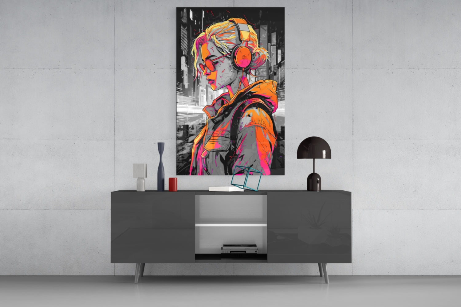 Vibrant neon pop art glass panel depicting a profile of a figure wearing headphones displayed above a modern dark console table in a minimalist interior setting.