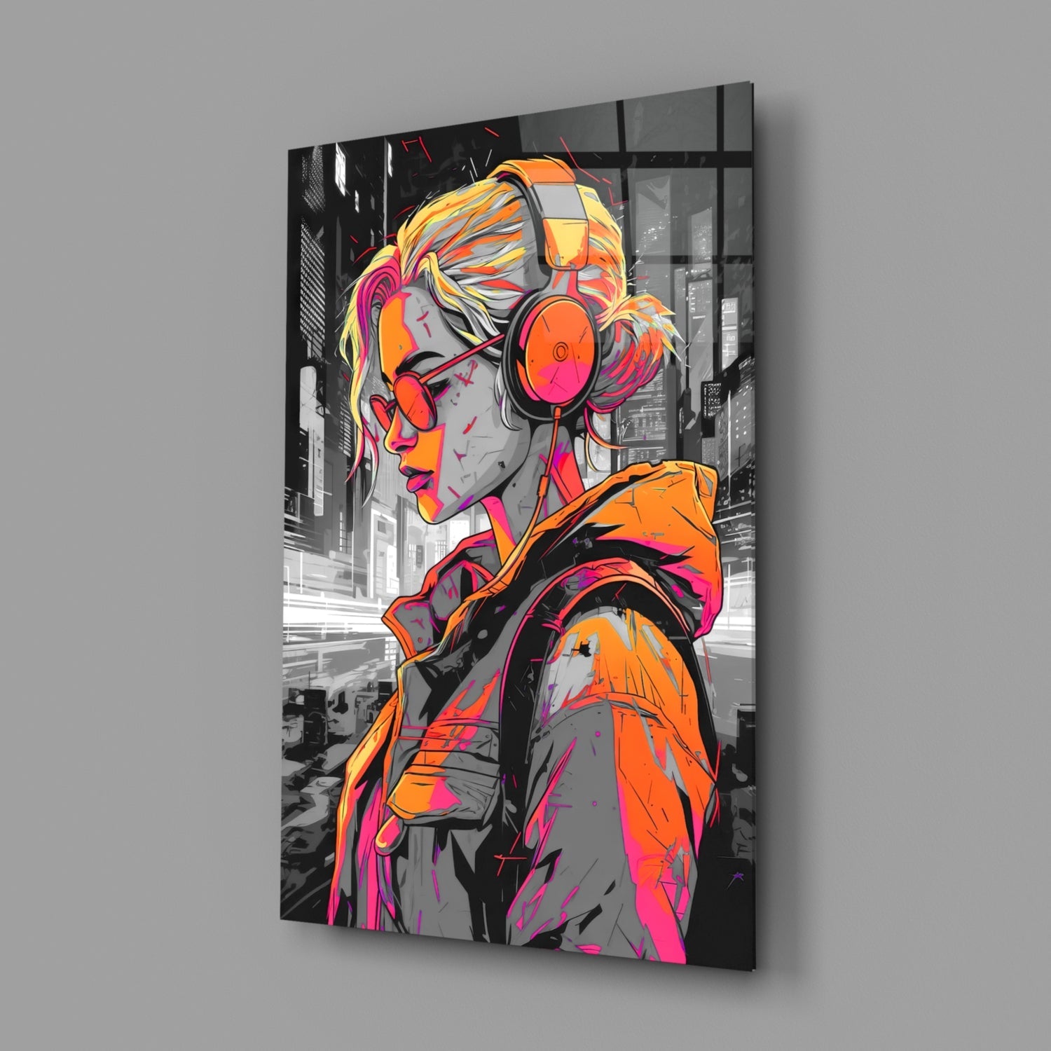 Angled view of glass wall art featuring vibrant neon-colored illustration of girl with headphones and urban cityscape background in oranges, pinks, and grays.