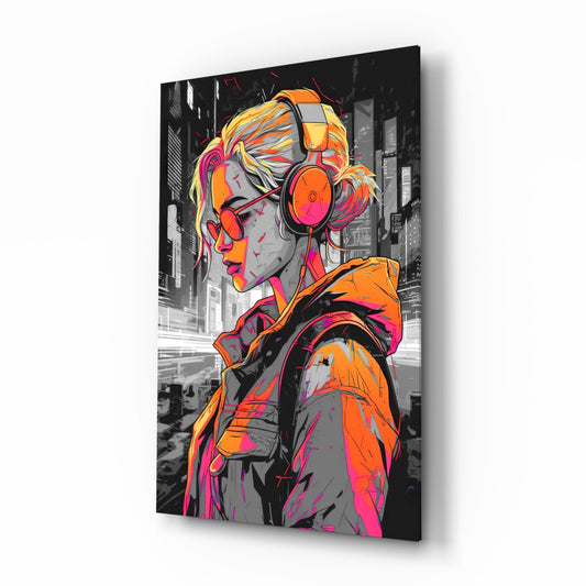 Angled side view of glass wall art depicting a colorful neon-styled girl with headphones against a grayscale urban cityscape background.