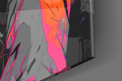Close-up detail of glass wall art showing neon pink and orange gradient with black line drawings of flowers and botanical elements against gray wall.