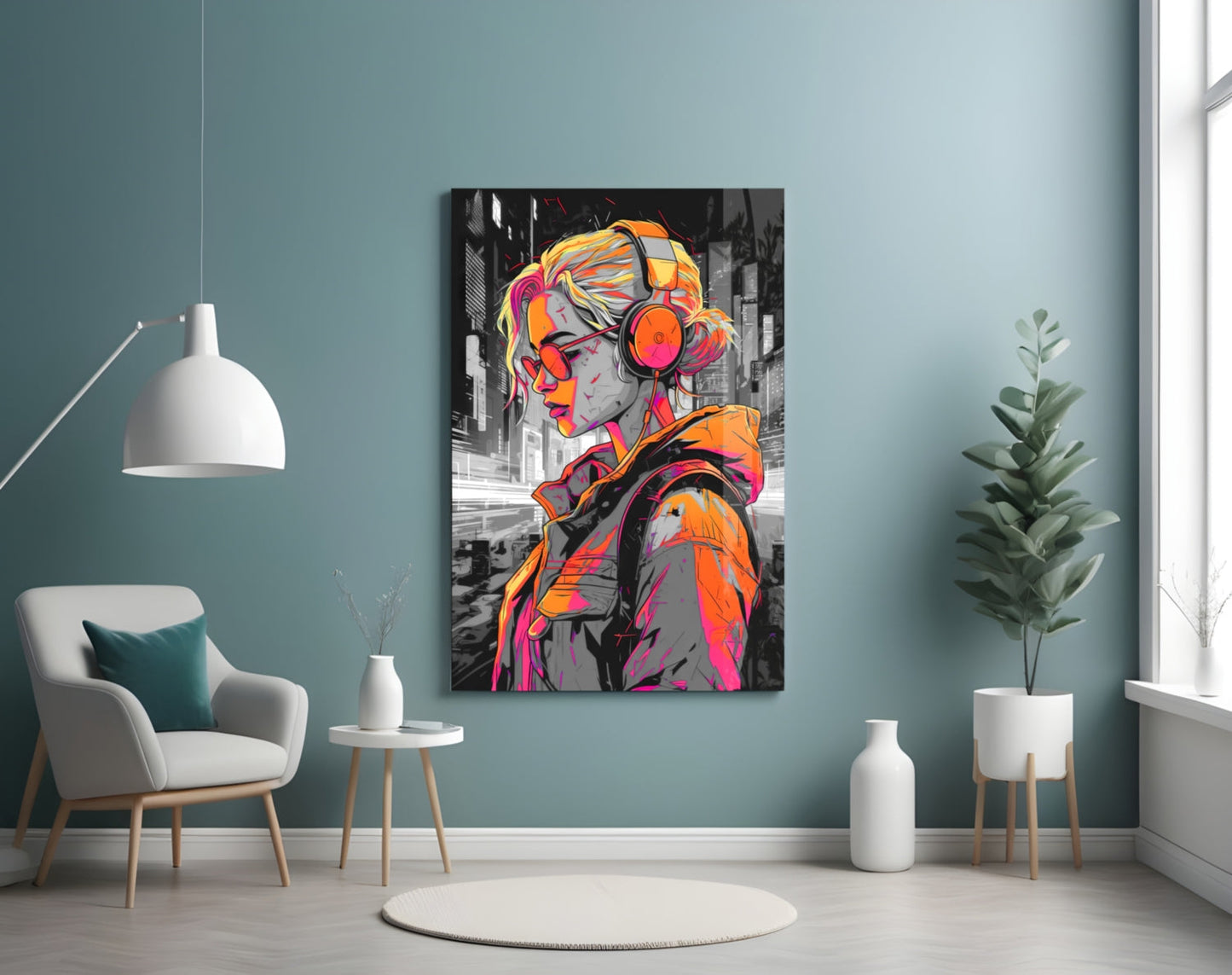 Vibrant street art style glass wall panel depicting a colorful figure with headphones in a modern teal room setting.