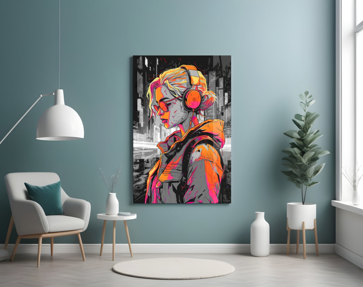 Vibrant street art style glass wall panel depicting a colorful figure with headphones in a modern teal room setting.