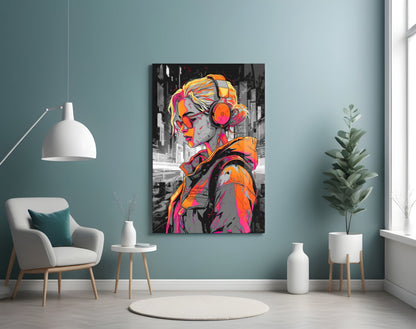 Vibrant street art style glass wall panel depicting a colorful figure with headphones in a modern teal room setting.