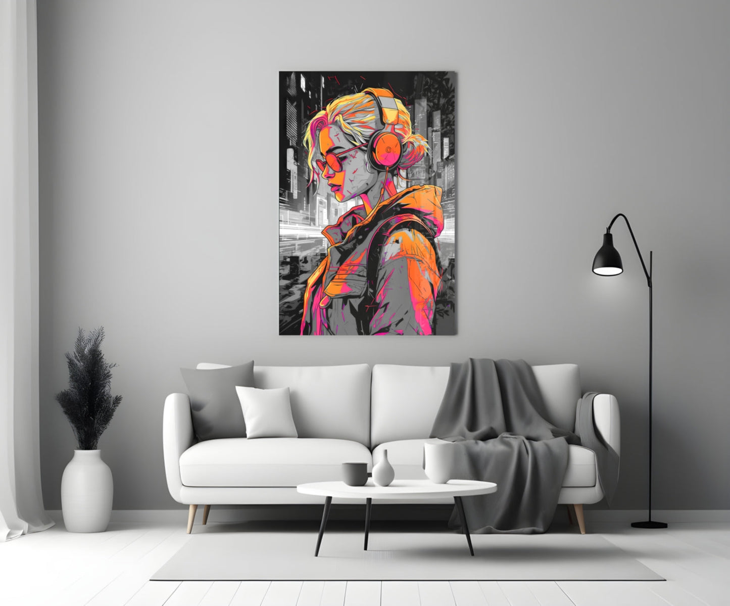 Colorful glass wall art featuring a girl with headphones and vibrant orange, pink, and yellow colors displayed above a white sofa in a modern living room setting.