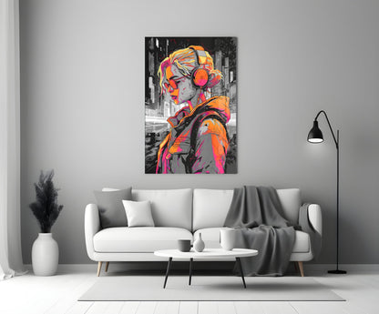 Colorful glass wall art featuring a girl with headphones and vibrant orange, pink, and yellow colors displayed above a white sofa in a modern living room setting.