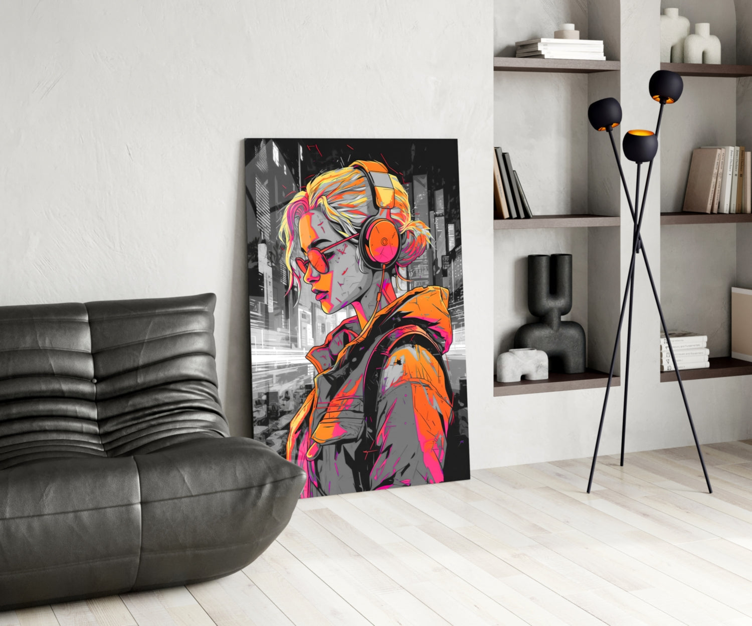 Colorful street art glass panel featuring vibrant orange, pink, and yellow portrait of figure wearing headphones displayed in modern living room with black leather sofa and wall shelving.