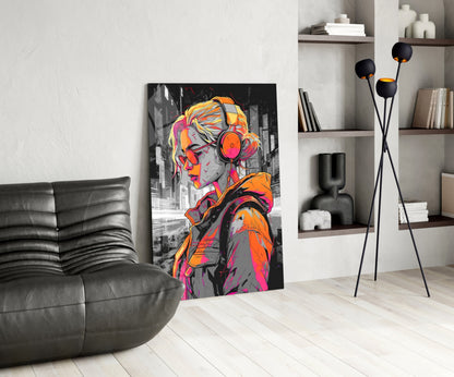 Colorful street art glass panel featuring vibrant orange, pink, and yellow portrait of figure wearing headphones displayed in modern living room with black leather sofa and wall shelving.