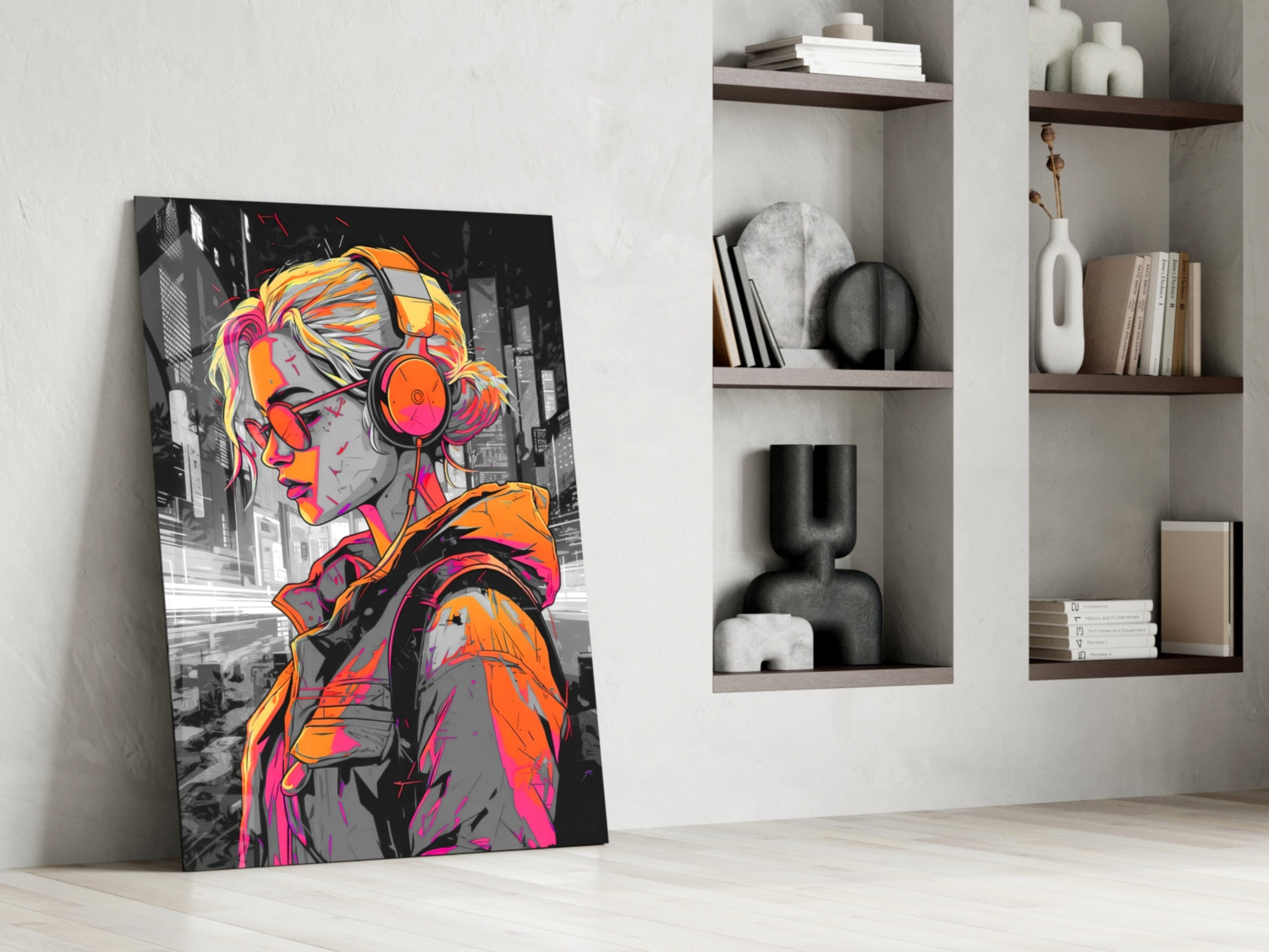 Vibrant pop art glass panel leaning against white wall displays colorful portrait of girl with orange headphones and neon pink accents overlaid on grayscale cityscape background.