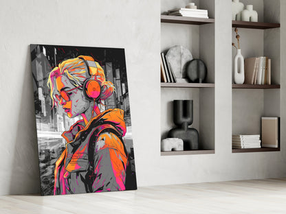 Vibrant pop art glass panel leaning against white wall displays colorful portrait of girl with orange headphones and neon pink accents overlaid on grayscale cityscape background.