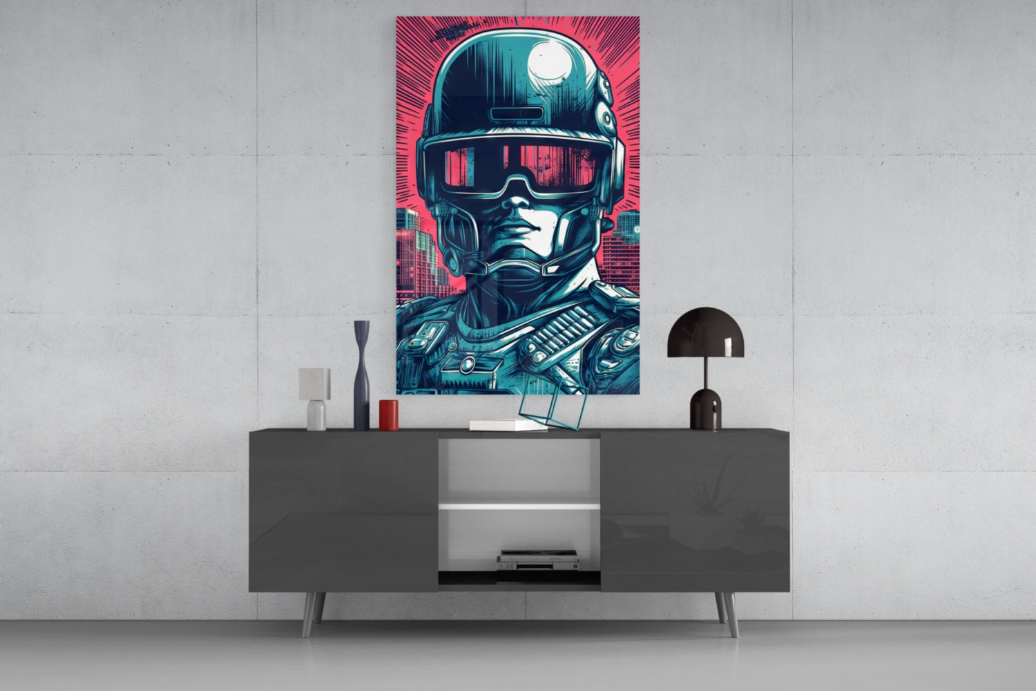Cyberpunk-style futuristic soldier portrait with neon pink and teal colors displayed above dark gray console table in modern interior setting.