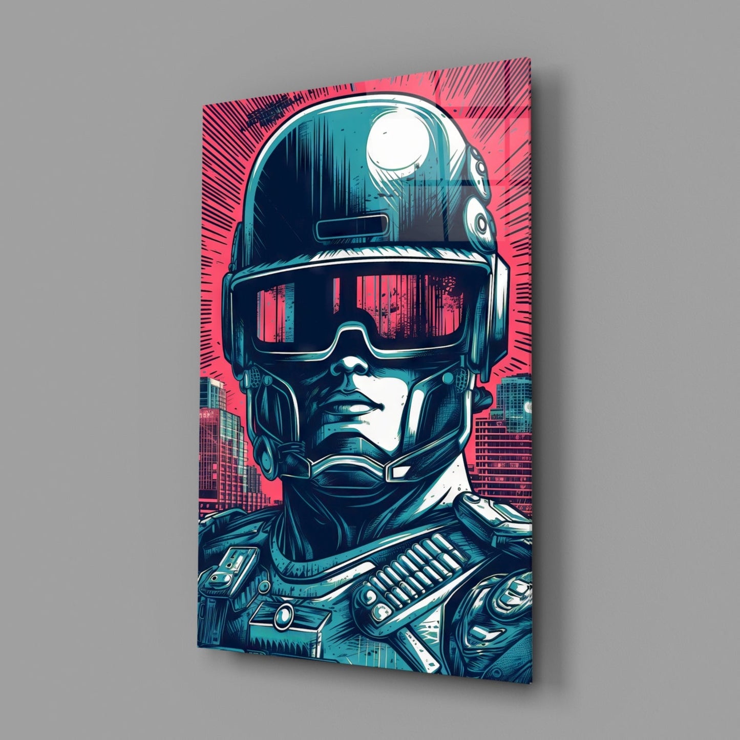Angled view of glass wall art displaying a futuristic cyborg head with teal and pink neon colors against an urban cityscape background.